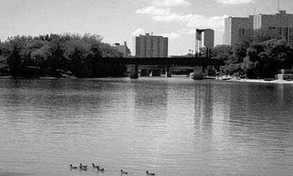 The Forks, in 2001, looking westward toward the Assiniboine River.