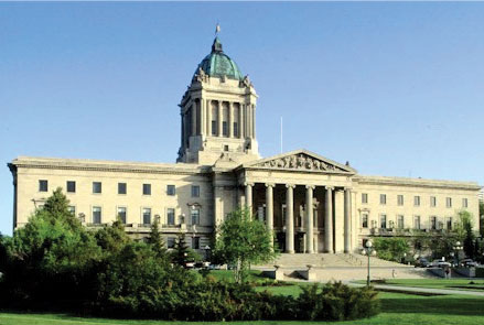 The Manitoba Legislative Building formerly opened on July 15, 1920, the 50th anniversary of Manitoba's entry into Confederation. The building is constructed of Manitoba Tyndall limestone.