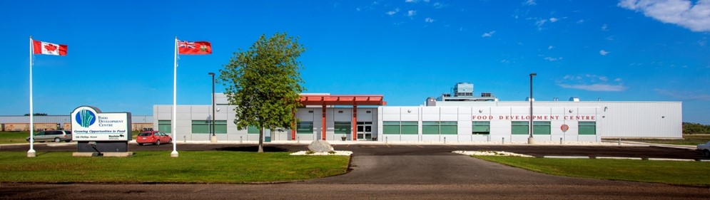 Picture of the entrance of the Manitoba Food Development Centre in Portage la Prairie on a sunny day