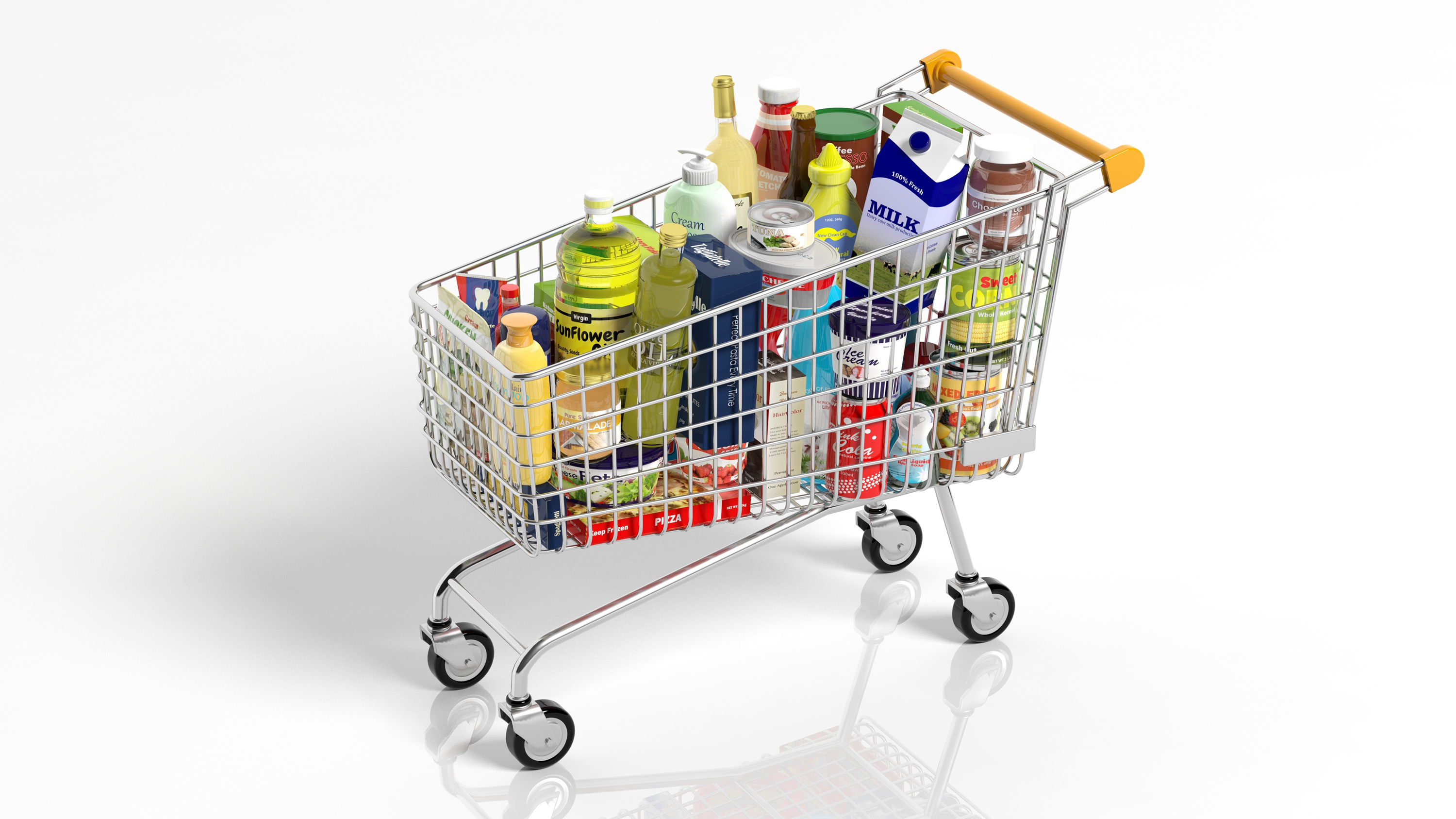 Photo CGI d’un panier d’épicerie rempli de biens emballés pour la vente au détail
