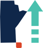 this graphic shows an block image of the province of Manitoba along with an arrow pointing upwards.
