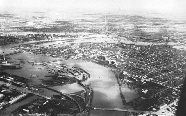 The Forks on the left side of the Red River, St. Boniface to the right