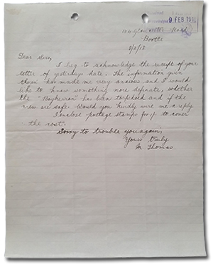 letter from  Mary Thomas to Bay Steamship Company
