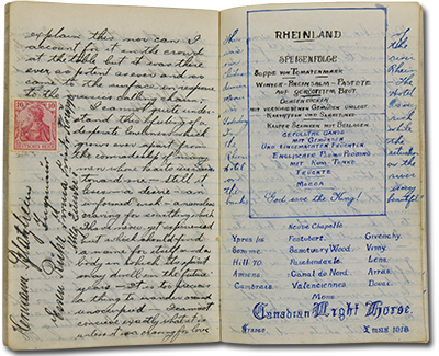 photo of pages of handwritten diary, including the menu at the Rheinland Hotel
