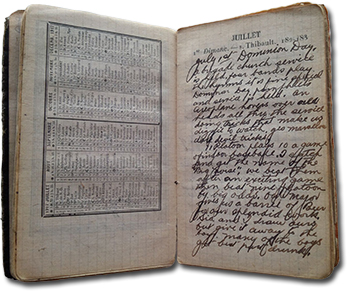 Photo of Wilfred Rutherford's diary, open to show two pages. One page has a calender in French for July&ndash;December, 1917. For each day of each month, there is a different name listed next to the date. Rutherford's handwritten diary entry for July 1, 1917 is on the other page. 