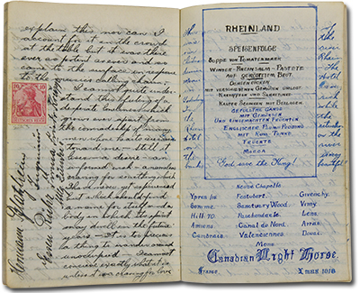photo of pages of handwritten diary, including the menu at the Rheinland Hotel