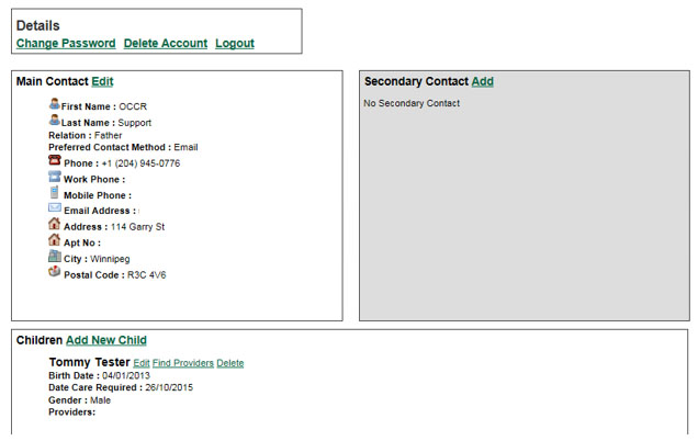 Account details, Main contact, secondary contact, Children