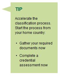 Accelerate the classification process. Start the process from your home country: Gather your required documents now, Complete a credential assessment now
