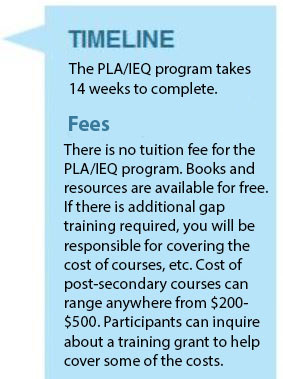 Timeline The PLA program takes 14 weeks to complete. Fees There is no tuition fee for the PLA programs. Books and resources are available for free. If there is additional gap training required, you will be responsible for covering the cost of courses, etc. Cost of post-secondary courses can range anywhere from $200- $500. Participants can inquire about a training grant to help cover some of the costs.
