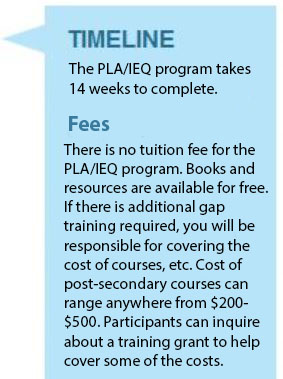 Timeline The PLA program takes 14 weeks to complete. Fees There is no tuition fee for the   PLA programs. Books and   resources are available for free.  If there is additional gap   training required, you will be  responsible for covering the  cost of courses, etc. Cost of   post-secondary courses can  range anywhere from $200-  $500. Participants can inquire  about a training grant to help  cover some of the costs.