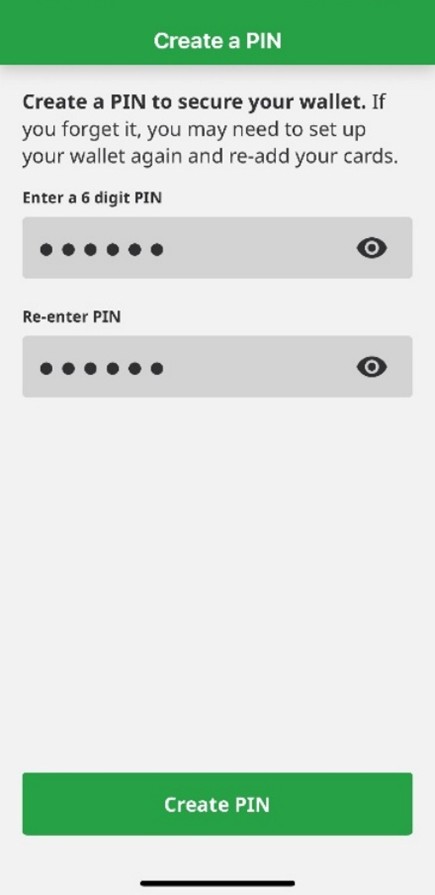 Creating and confirming a PIN