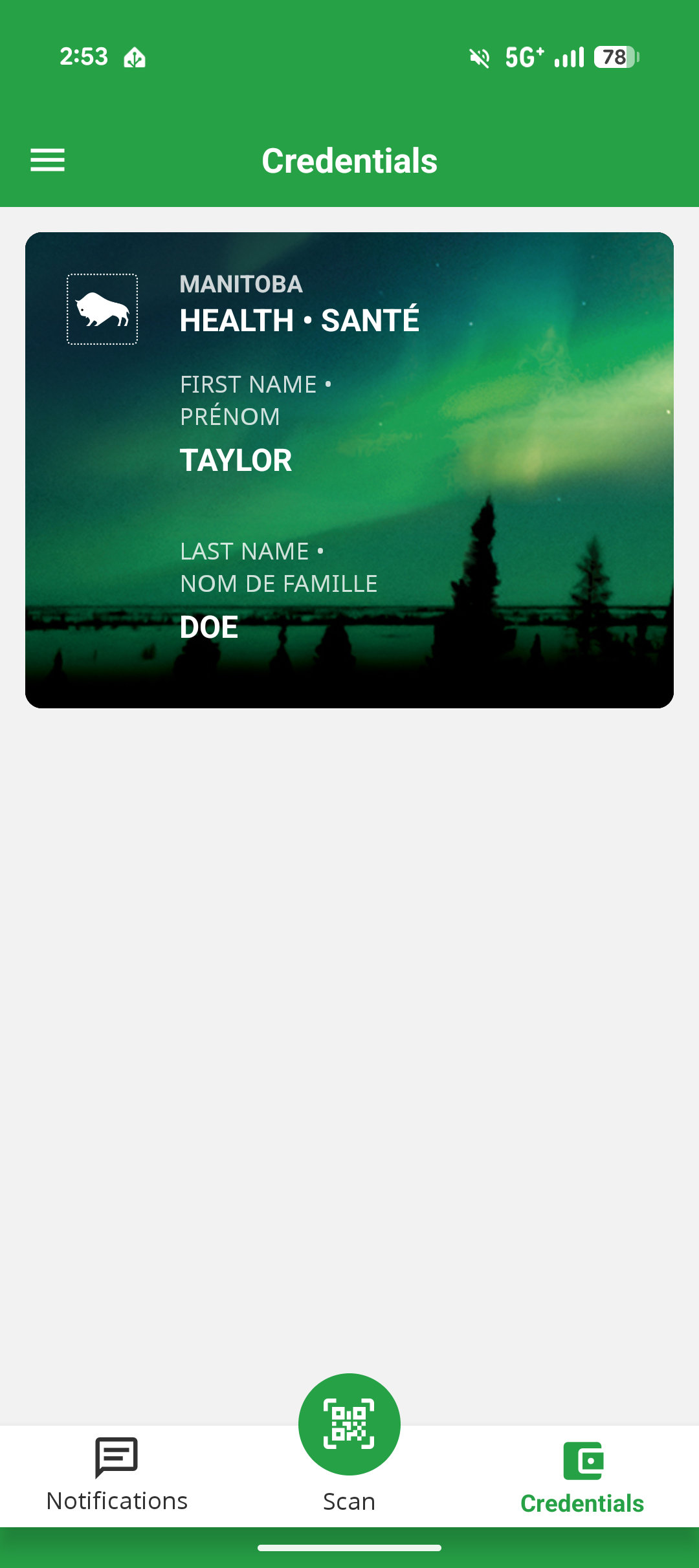 Credentials screen with your digital health card displayed