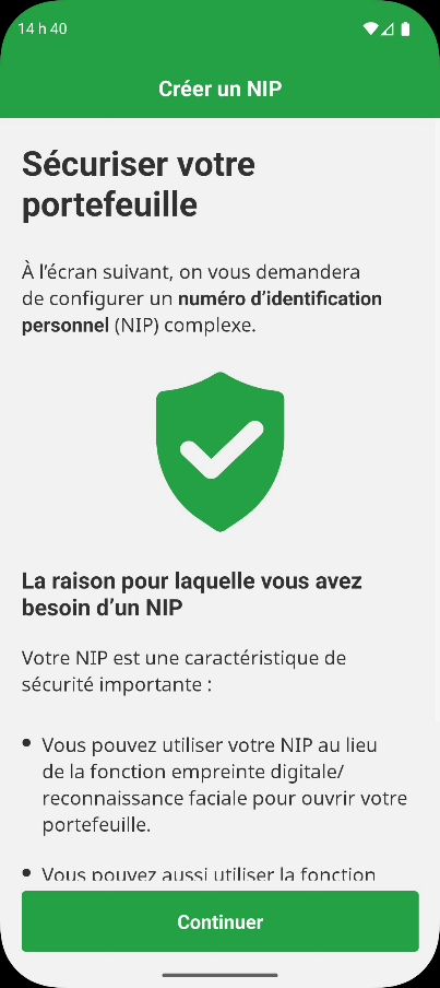 �cran expliquant pourquoi un code NIP est n�cessaire