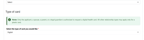 Selecting card type on replacement health card form