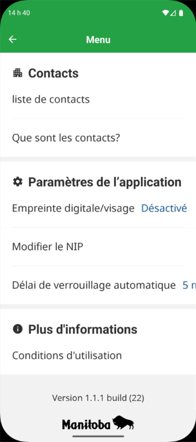 �cran de menu dans Portefeuille MB affichant la section des param�tres de l'application