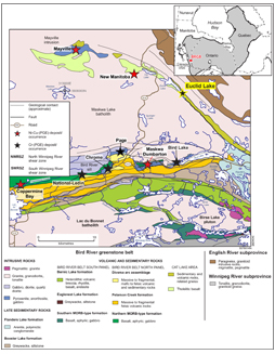 Simplified geology of the Bird River greenstone belt (BRGB), showing the location of the Euclid Lake intrusion and other significant mafic and ultramafic igneous bodies and their associated Ni-Cu- platinum group element (PGE) and Cr-(PGE) deposits/occurrences. Abbreviations: MORB, mid-ocean-ridge basalt.