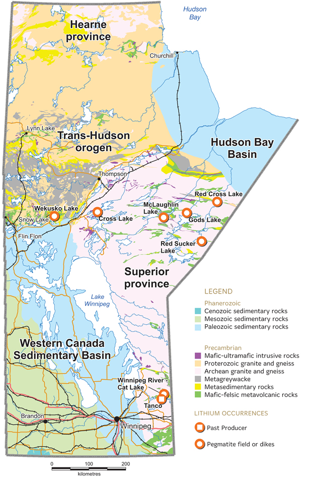 Figure 1: Geological map of Manitoba showing the locations of lithium-bearing pegmatite fields.