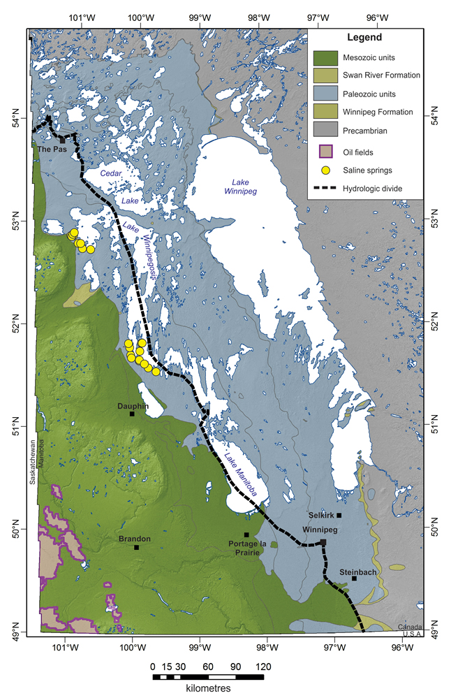 Figure 2: Geological map of southern Manitoba showing distribution of rock units, oil fields, brine springs and the hydrologic divide.