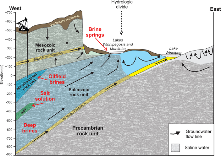Figure 3: West to east cross-section through southern Manitoba showing generalized groundwater salinity distribution and flow in Phanerozoic rock units.