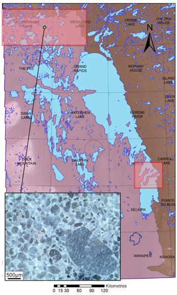 Digital elevation map showing distribution of the Winnipeg Formation in pink; NTS 250K sheets are labelled. Areas of interest are highlighted in red. Inlay is microscope image of silica sand of the WInnipeg Formation. Click image to enlarge.