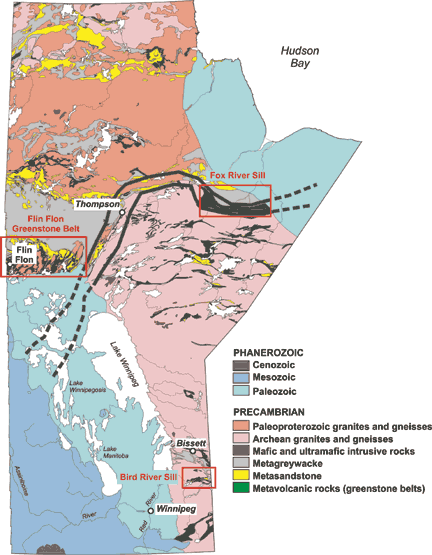 Figure 1: Schematic geology of Manitoba showing PGE “hotspots”.