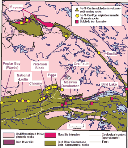 Figure 2: Schematic geology of the Bird River Sill showing mineral property names and sulphide occurrence types.