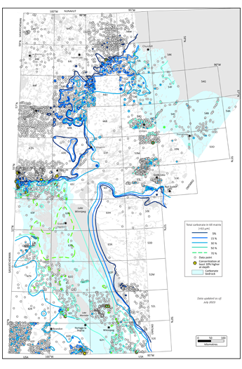 Till-sample locations where the silt plus clay (<63 μm) size-fraction of the matrix was analyzed for total carbonate (CO3) in Manitoba; click image to enlarge 