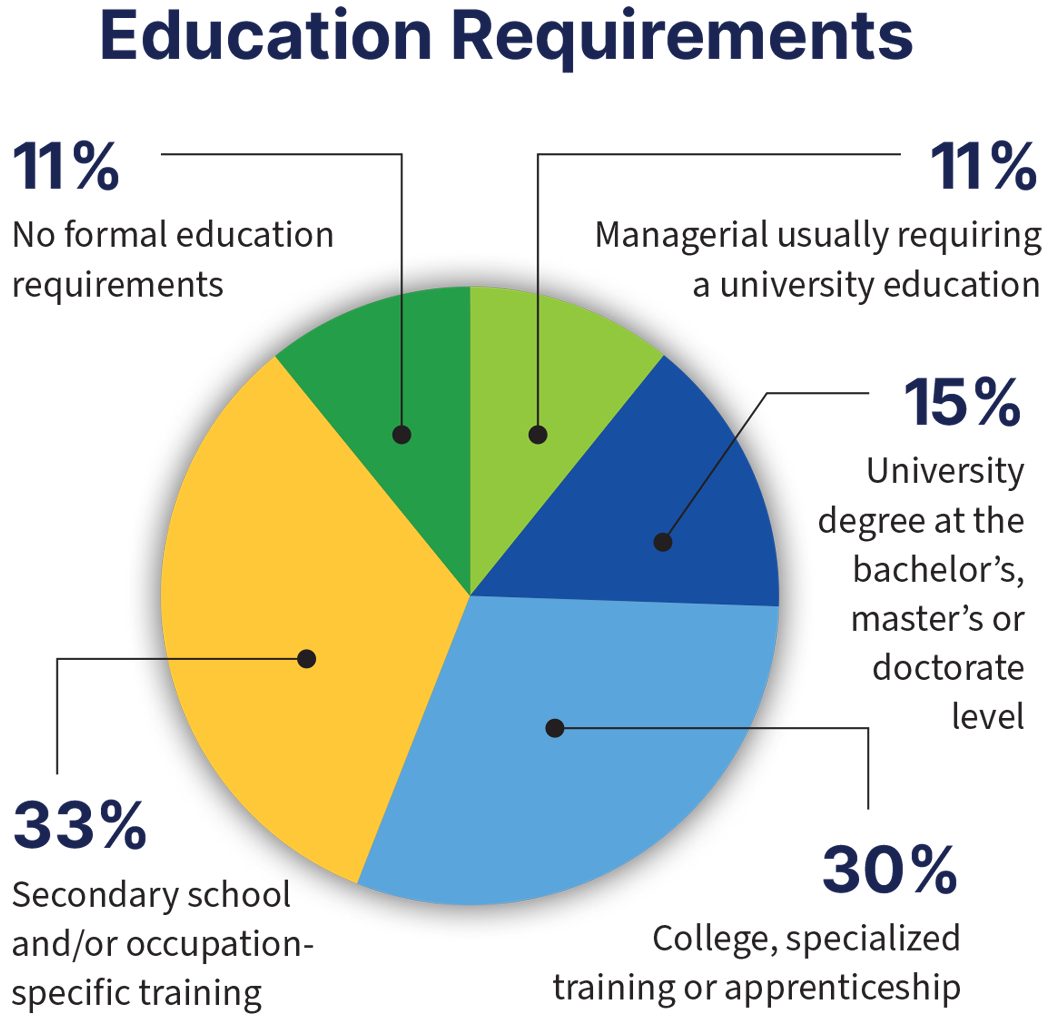 Education Requirements pie graph:
11% -- no formal education requirements; 11% -- managerial usually requiring a university education; 15% -- university degree at the bachelor's, master's or doctorate level; 33% -- secondary school and/or occupation-specific training; 30% -- college, speciailized training or apprenticeship
