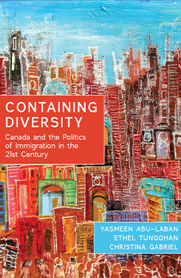 Book cover for Containing Diversity. The cover features a colourful, painterly cityscape with densely packed buildings in shades of red, orange, blue, and turquoise. 