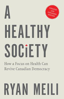 Book cover for A Healthy Society. The cover features a light grey background with the title in large grey lettering with small red accents.