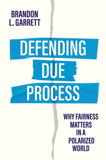 Book cover for Defending Due Process: Why Fairness Matters in a Polarized World . The design features a cream background with a vertical tear running down the center. The title  is displayed in bold white letters on blue tape-like strips across the middle.