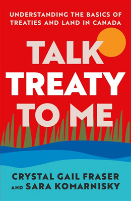 Book cover for Talk Treaty To Me. The cover uses bold white lettering on a bright red background, with an orange sun. Stylized green grass and layered blue water run along the bottom edge of the cover.