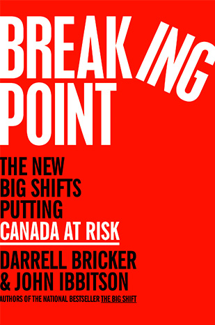 Couverture du livre &laquo; Breaking Point &raquo;. La couverture utilise un fond rouge vif avec un titre principal en gros caract�res blancs, le mot � Breaking � �tant visuellement divis� de sorte que � ING � soit courb� vers le bas.
