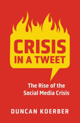 Book cover for Crisis in a Tweet. The cover features a bright red background with a large yellow speech bubble topped by stylized flames. Bold red and white text appears inside and below the speech bubble.