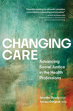Couverture du livre &laquo; Changing Care. &raquo; L'arri�re-plan pr�sente un m�lange abstrait de coups de pinceau verts, turquoise, orange et jaunes. Le titre appara�t en gros caract�res blancs, avec le sous-titre en plus petits caract�res blancs en dessous.