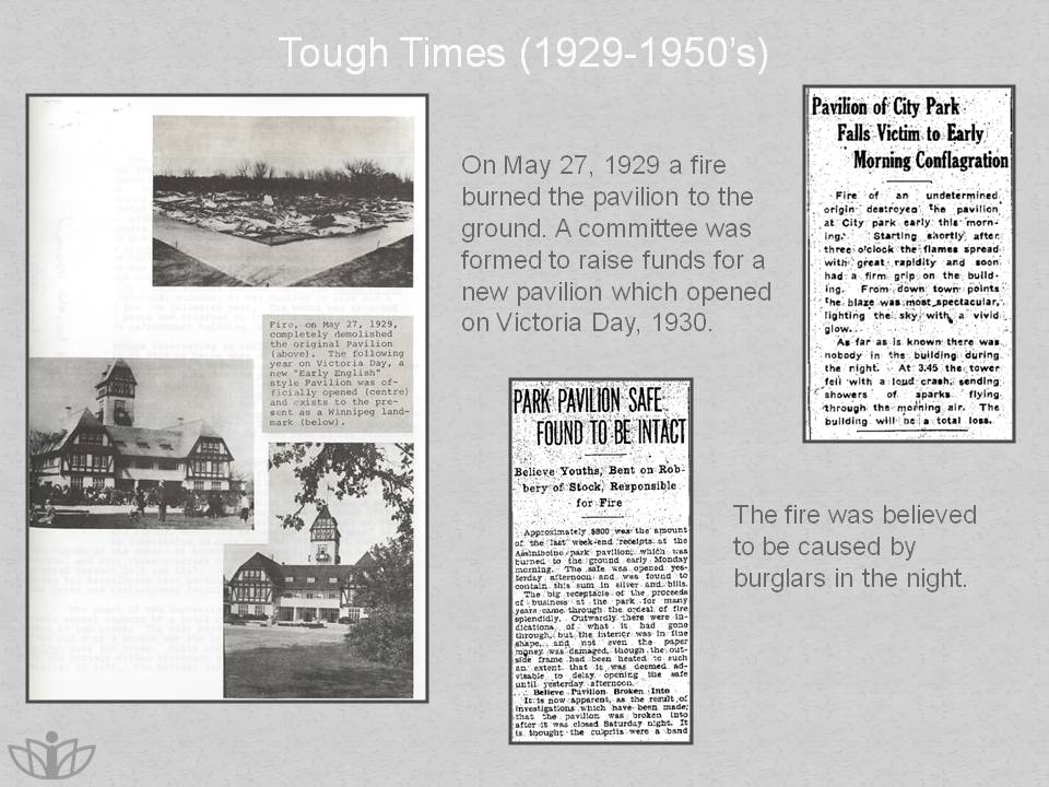 Tough Times (1929-1950's): On May 27, 1929 a fire burned the pavilion to the ground. A committee was formed to raise funds for a new pavilion which opened on Victoria Day, 1930. The fire was believed to be caused by burglars in the night.