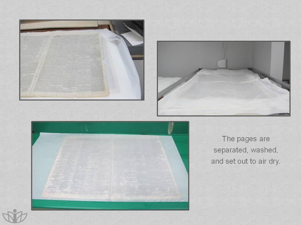 The pages are separated, washed, and set out to air dry.