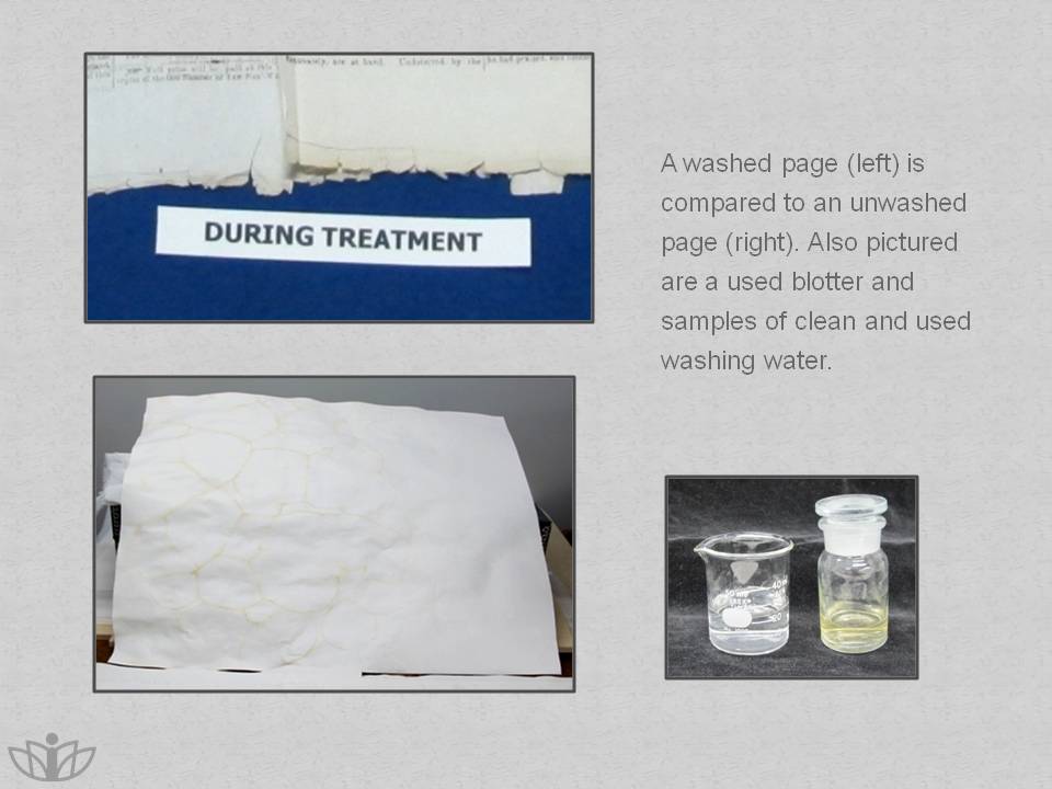 A washed page (left) is compared to an unwashed page (right). Also pictured are a used blotter and samples of clean and used washing water.