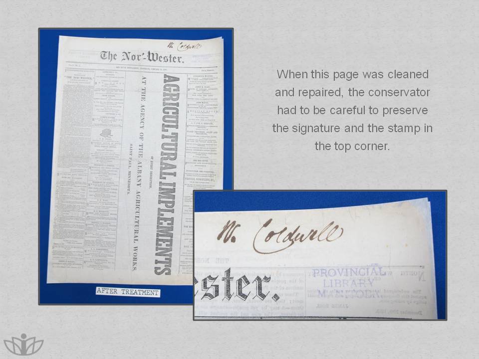When this page was cleaned and repaired, the conservator had to be careful to preserve the signature and the stamp in the top corner.