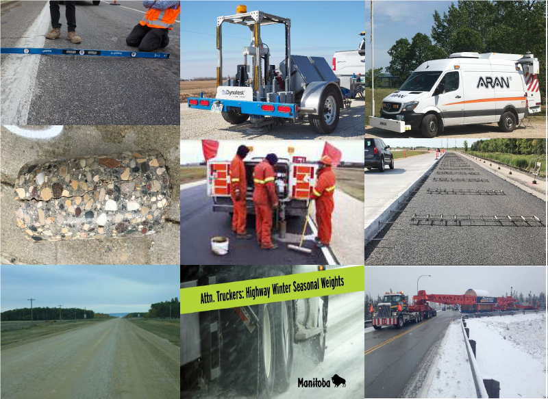 Consruction equipment, trucks, construction workers, roads under construction