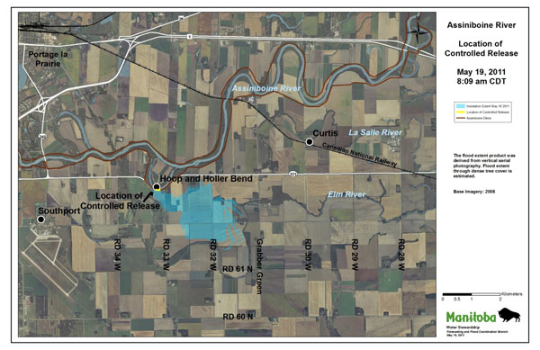 Map of Diverted Flows from the Hoop and Holler Controlled Release Site, May 19, 2011 that affected 3.42 square kilometres. (Source: Manitoba Infrastructure) Map of Diverted Flows from the Hoop and Holler Controlled Release Site, May 19, 2011 that affected 3.42 square kilometres. (Source: Manitoba Infrastructure)