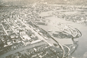 An aerial photo showing flooding in the former CNR rail yards at The Forks in downtown Winnipeg, 1950