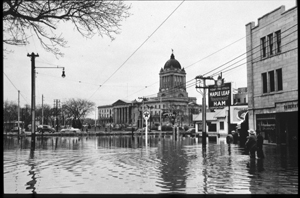 View of the Manitoba Legislative Building seen from the flooded Broadway street in , Winnipeg, 1950.