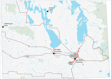 Location of the Red River Floodway, the Shellmouth Dam, the Portage Diversion and the Fairford River Water Control Structure