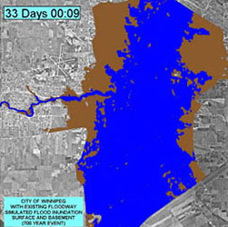 Impact of sewer and overland flooding on Winnipeg in the event of a 1-in-700 year flood with the original floodway. 