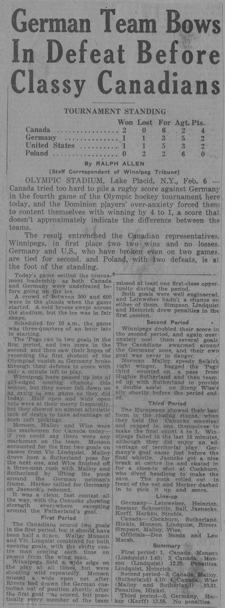 German Team Bows in Defeat Before Classy Canadians 