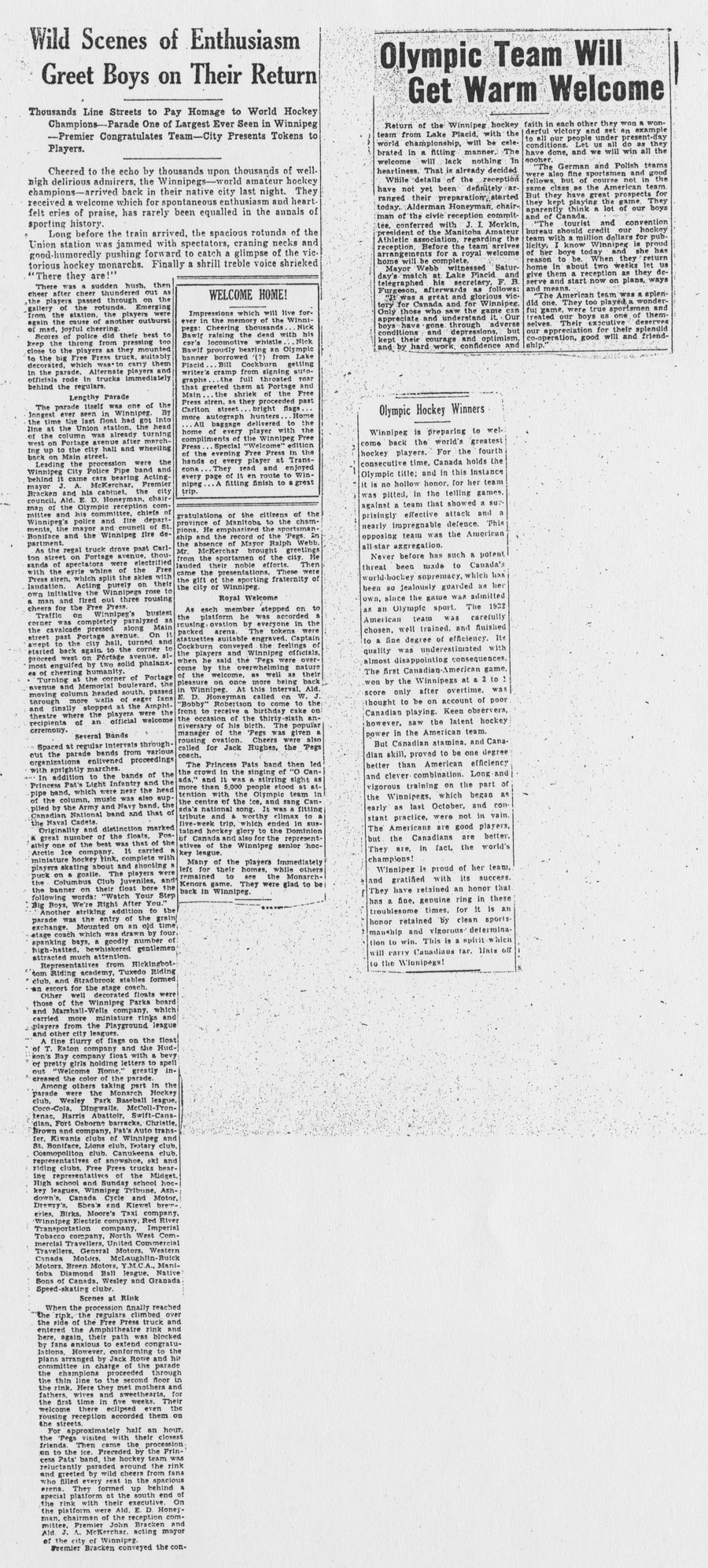 Olympic hockey winners return to Winnipeg, side 1