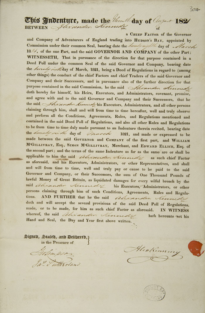 Kennedy's indenture with the Hudson's Bay Company, 1821