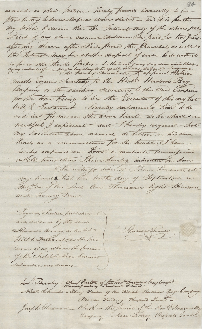 Alexander Kennedy's will, 1829